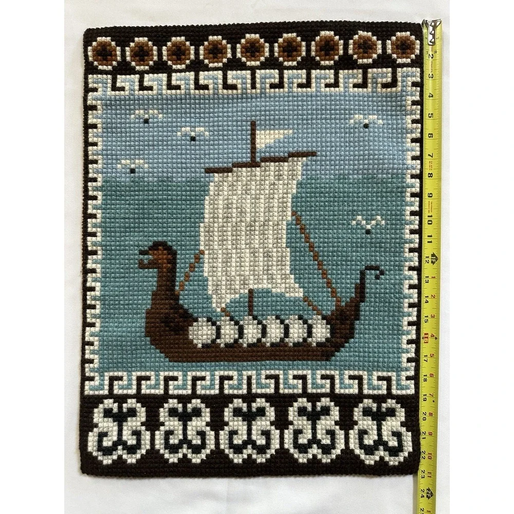 NORWEGIAN VIKING DRAGON SHIP DESIGN DOUBLE CROSS STITCH EMBROIDERY WALLHANGER